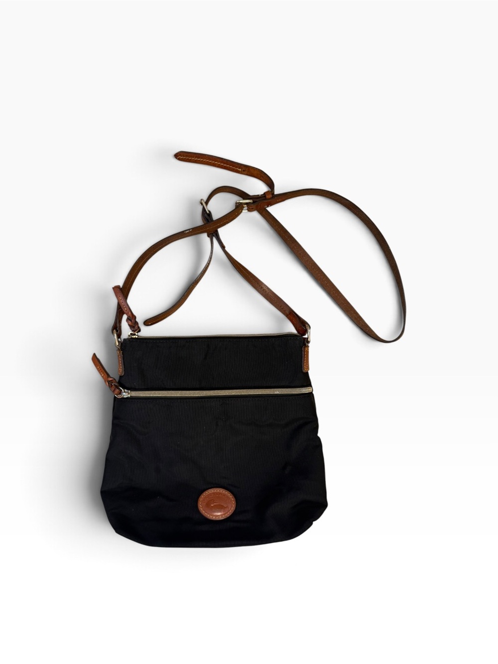 Dooney & Bourke Black Nylon Brown Leather Crossbody Bag Zip Top